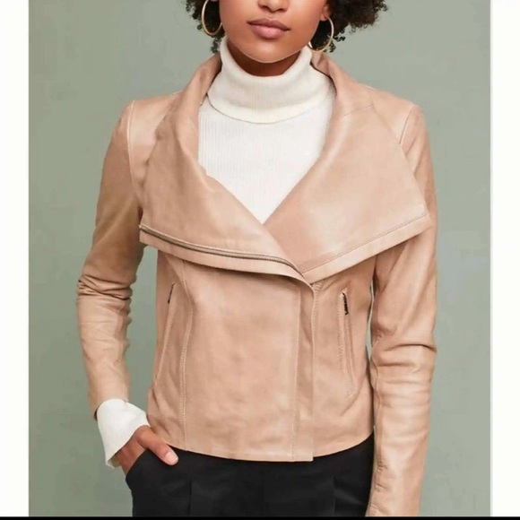 Lamarque Funnel Neck Leather Jacket Tan/Beige Leather size M - Picture 4 of 12